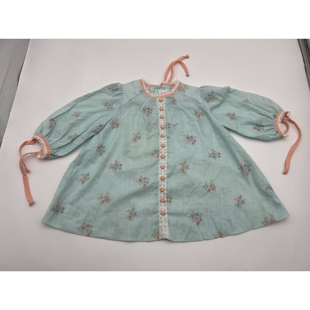 VTG Ruth of Carolina Girls Dress 2T Blue Floral Orange Gingham Lace Cottagecore